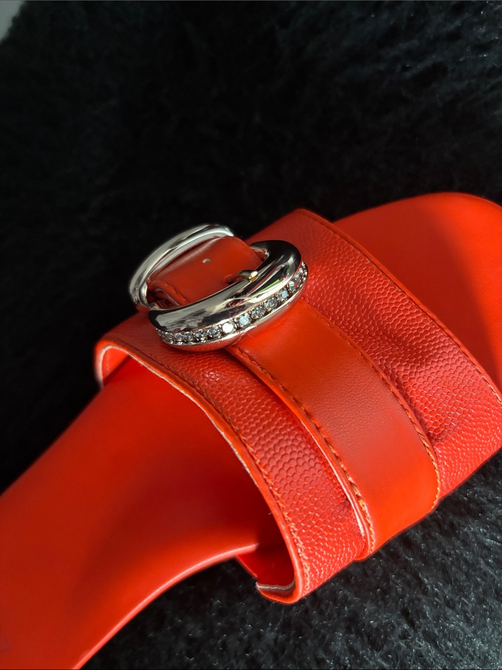 Orange Slide Sandals with bling encrusted buckle. - Picture 2 of 3